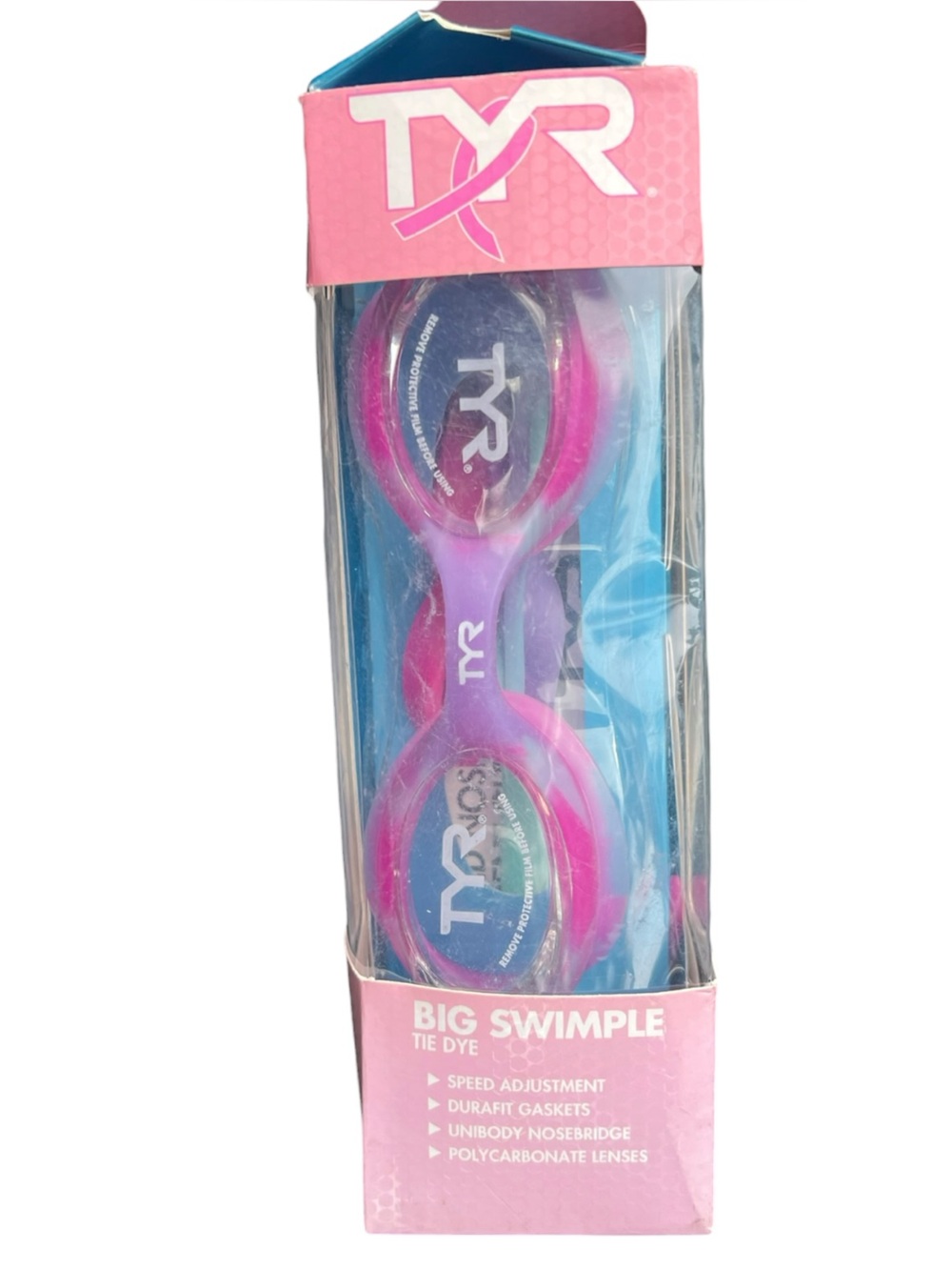 🌻NEW TYR Big Swimple Kids Swim Goggles Pink Blue Tie Dye Anti Fog UV Open Box